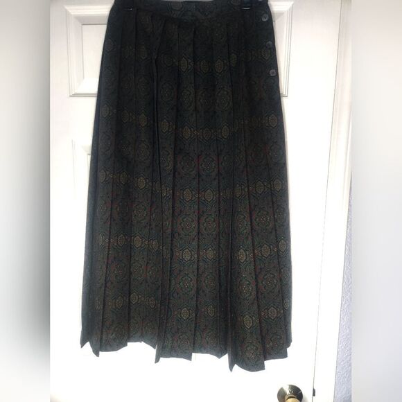 Vntg Toffs 11/12 Pleated Green Wool Blend ButtonsPaisleyPrint Women's Maxi Skirt - Picture 1 of 11
